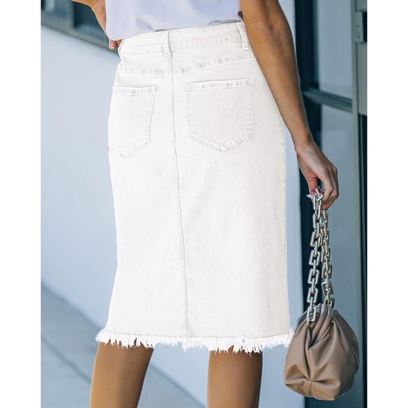 Women's Casual Mid Rise Button Down Frayed Raw Hem Denim Jean Midi Skirt - Picture 2 of 9